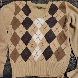 United Colors Of Benetton Argyle Sweater - Tan, Brown, White